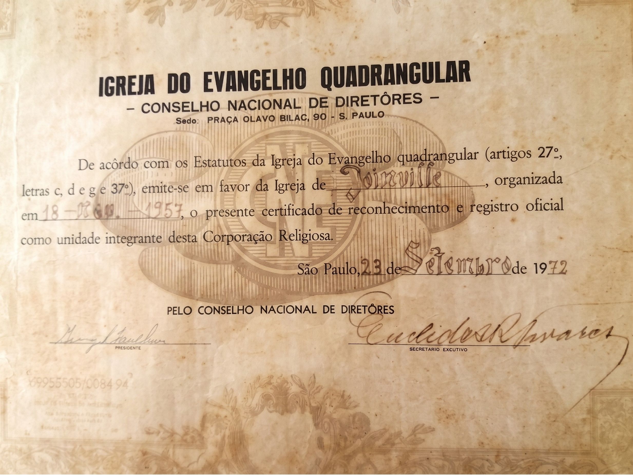 Certificado de reconhecimento e registro oficial — Igreja do Evangelho Quadrangular em Joinville (1957)