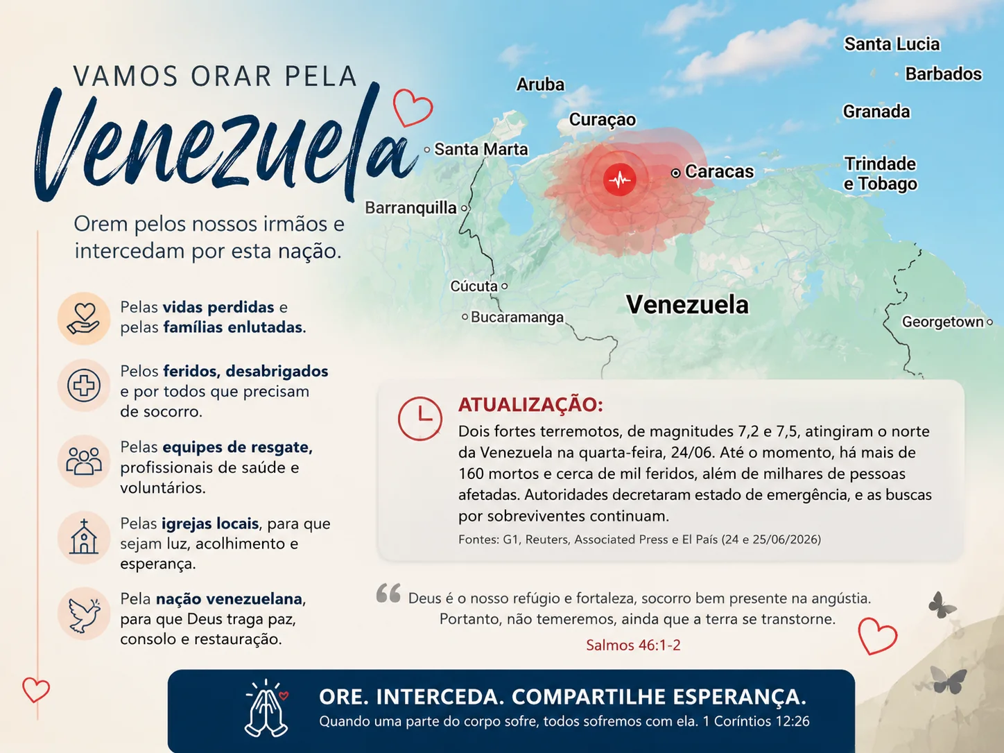 Venezuela enfrenta forte terremoto e mobiliza cristãos em oração